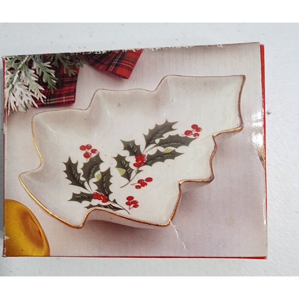 Tree Shape Tray Holly Berry Trinket Dish Jay Imports 5"